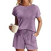Ekouaer Pajamas Set for Women 2 Piece Pjs Ribbed Knit Lounge Set Cap Sleeve Loungewear Sleepwear S-XXL