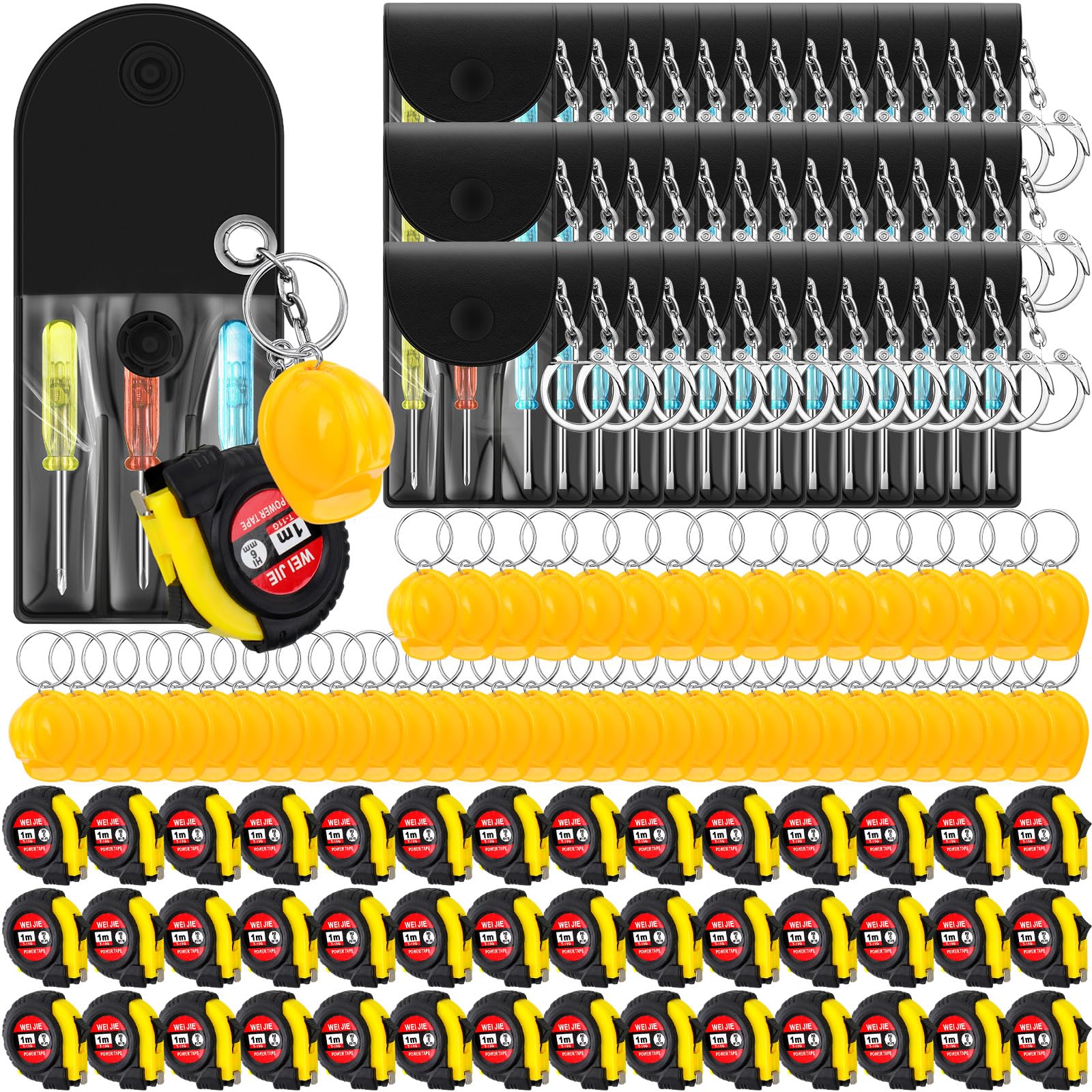 Photo 1 of Jutom 72 Pcs Mini Tape Measure Screwdriver Construction Helmet Keychains Bulk for Men Party Favors Tool Birthday Party Gifts