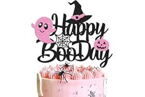 LONKISYL Happy Boo Day Cake Topper Pink and Black Halloween Cake Decoration Halloween Ghost Witches Bat Spider Pumpkin Theme for Kids Girl Birthday Baby Shower Party Supplies