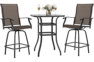 NUU GARDEN 3 Piece Patio Bar Set, Textilene Bar Stools Set, All Weather Outdoor Swivel Bar Stools Chair Set of 2, High Stools Set with Tempered Glass Table for Lawn, Patio, Brown