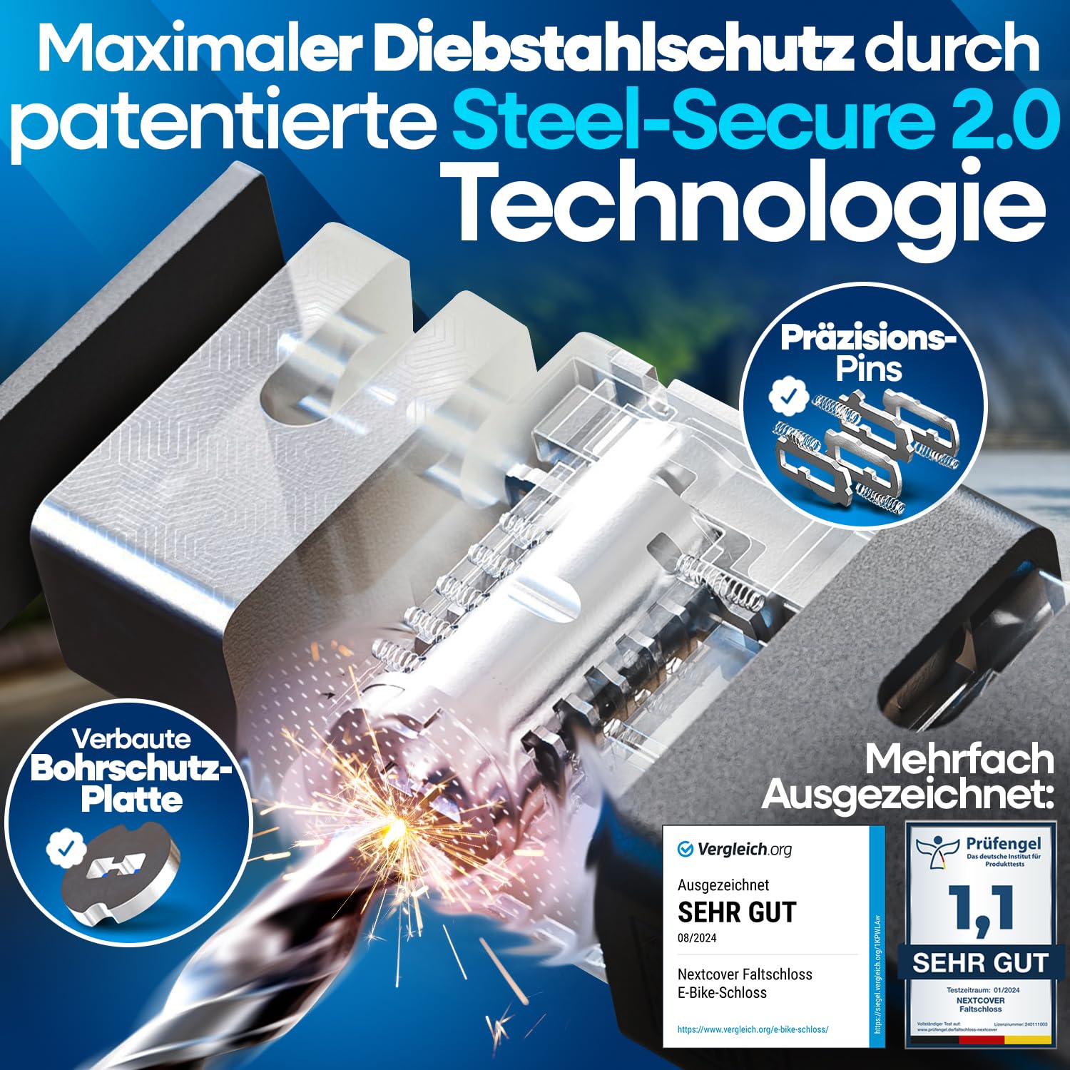 NEXTCOVER® Faltschloss Fahrrad FoldOne 100cm - Das Original - mit SteelSecure-Technologie und 3 Schlüsseln I Robustes Fahrradschloss Faltschloss, Fahrradschloss hohe Sicherheit mit Halterung 2