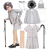 FancyFun 8 Pcs 100 Days of School Costume for Girls, Old Lady Costume for Kids Grandma Wig Dress Granny Nightgown Accessories
