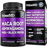 6-in-1 Organic Maca Root Ashwagandha Capsules 1710mg with DHEA and Black Pepper Fruit Extract for Women and Men - Black Maca Supplement for Stamina, Bone and Mood Support Supplement, 120 count