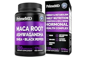 PRIMEMD 6-in-1 Organic Maca Root Ashwagandha Capsules 1710mg with DHEA and Black Pepper Fruit Extract for Women and Men - Black Maca Supplement for Stamina, Bone and Mood Support Supplement, 120 count