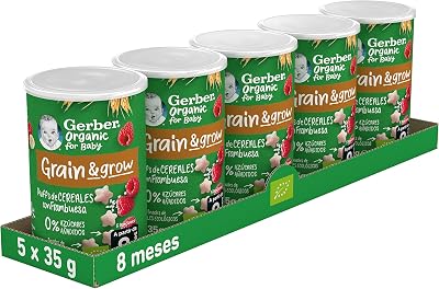 GERBER Folhados Orgânicos de Framboesa e Banana, Petisco de Cereais para Bebés, Latas 5x35g, a partir dos 8 meses