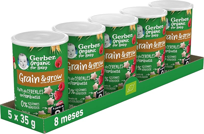 GERBER Folhados Orgânicos de Framboesa e Banana, Petisco de Cereais para Bebés, Latas 5x35g, a partir dos 8 meses — foto 1 de 8