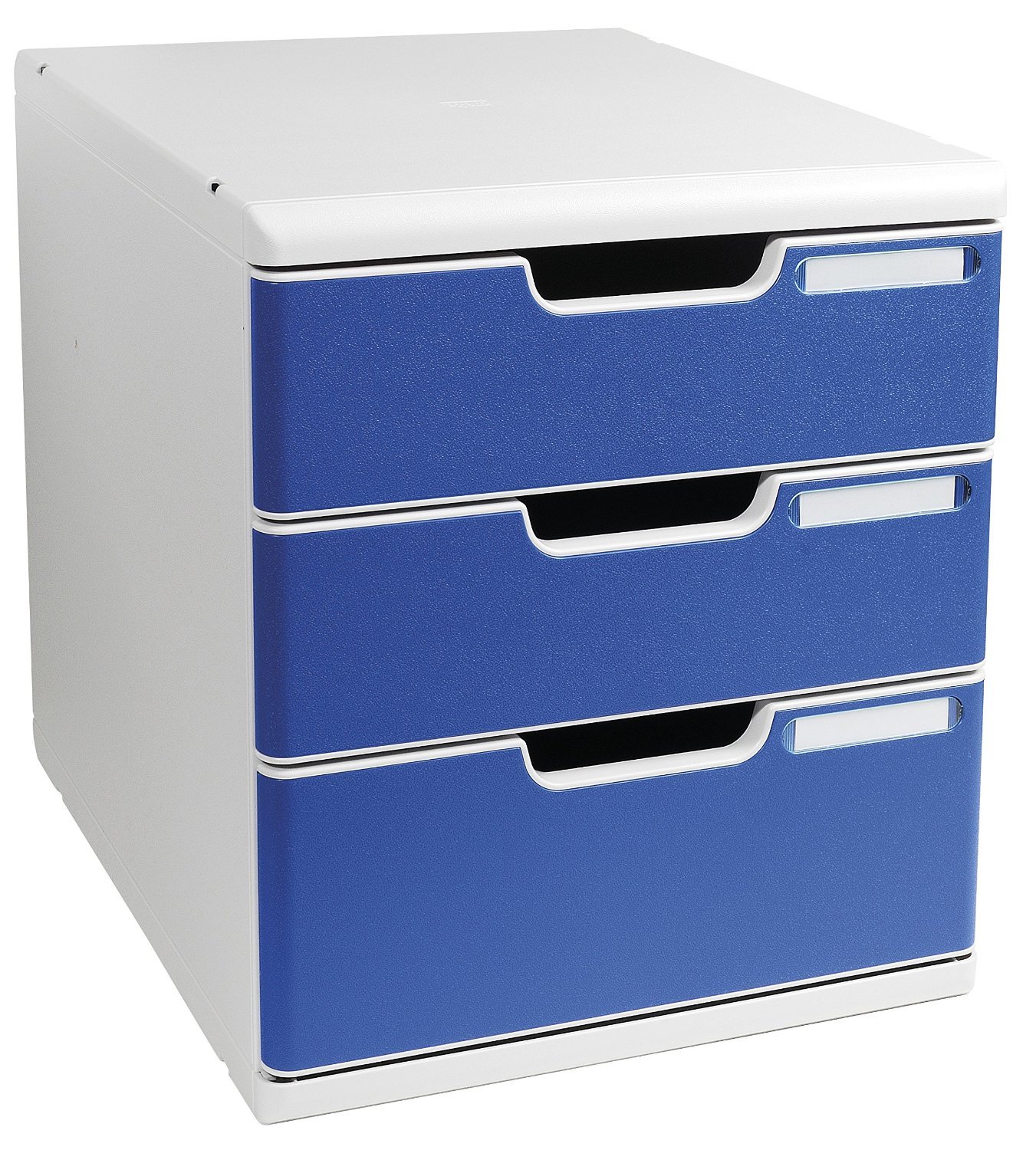 Exacompta - Ref 325003D - Modulo A4 Office - 350 x 288 x 320mm in Size, 3 Closed Drawers (110 + 82mm Height), Smooth Opening with Stop, Label Holders - Light Grey/Blue