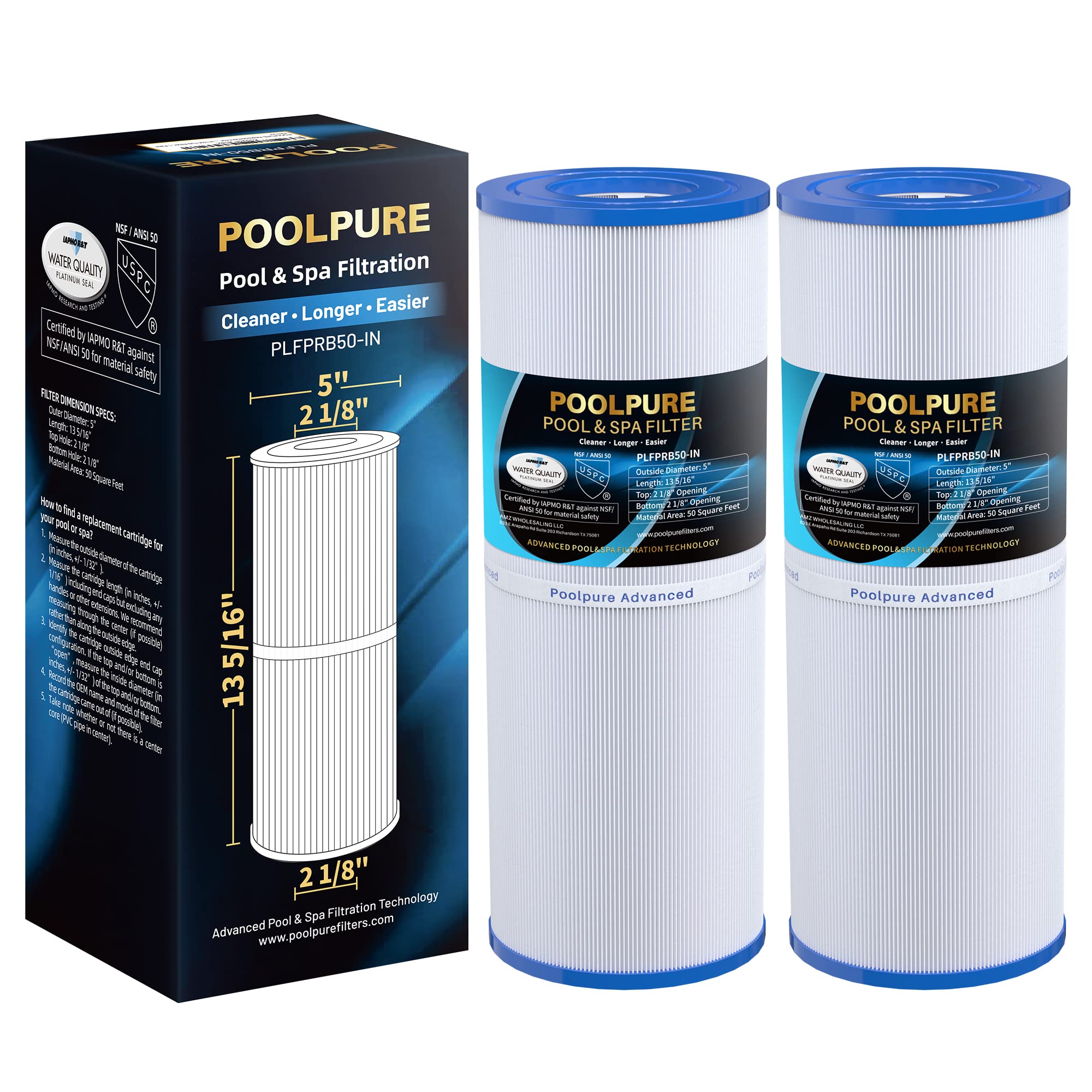 POOLPURE PLFPRB50-IN Spa Filter Replaces Pleatco PRB50-IN, PRB50IN, Unicel C-4950, Filbur FC-2390, Jacuzzi J210/J220/J235/J245/J275, Guardian 413-212-02, 373045, 5X13 Drop in Hot Tub Filter, 2 Pack Image