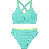 Oranchids Girls Swimsuit Solid Color Textured Bikini Set Contrast Trim Bathing Suit 2 Piece Swimwear Adjustable Straps 9-16T