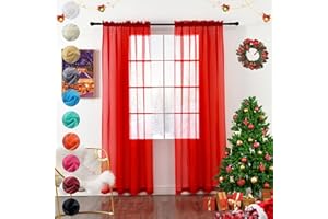 youleyar Solid Sheer Rod Pocket Curtain Voile Draperies 2 Panels White Beige Black Grey Coffee 52 Inch Width 84 Inch Long 1 Pair for Kitchen Bedroom Children Living Room Yard (Red,52Wｘ84L)