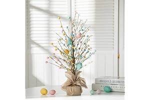 Glitzhome 18”H Easter Eggs Table Tree with Burlap Base Decorative Tree Table Centerpiece for Easter Great Festival Home Decor for Easter Party