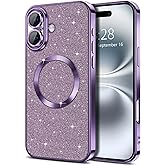Hython for iPhone 16 Case Glitter, Clear Magnetic Phone Cases with Camera Lens Protector [Compatible with MagSafe] Bling Sparkle Plating Soft TPU Slim Shockproof Protective Cover Women Girls-Purple