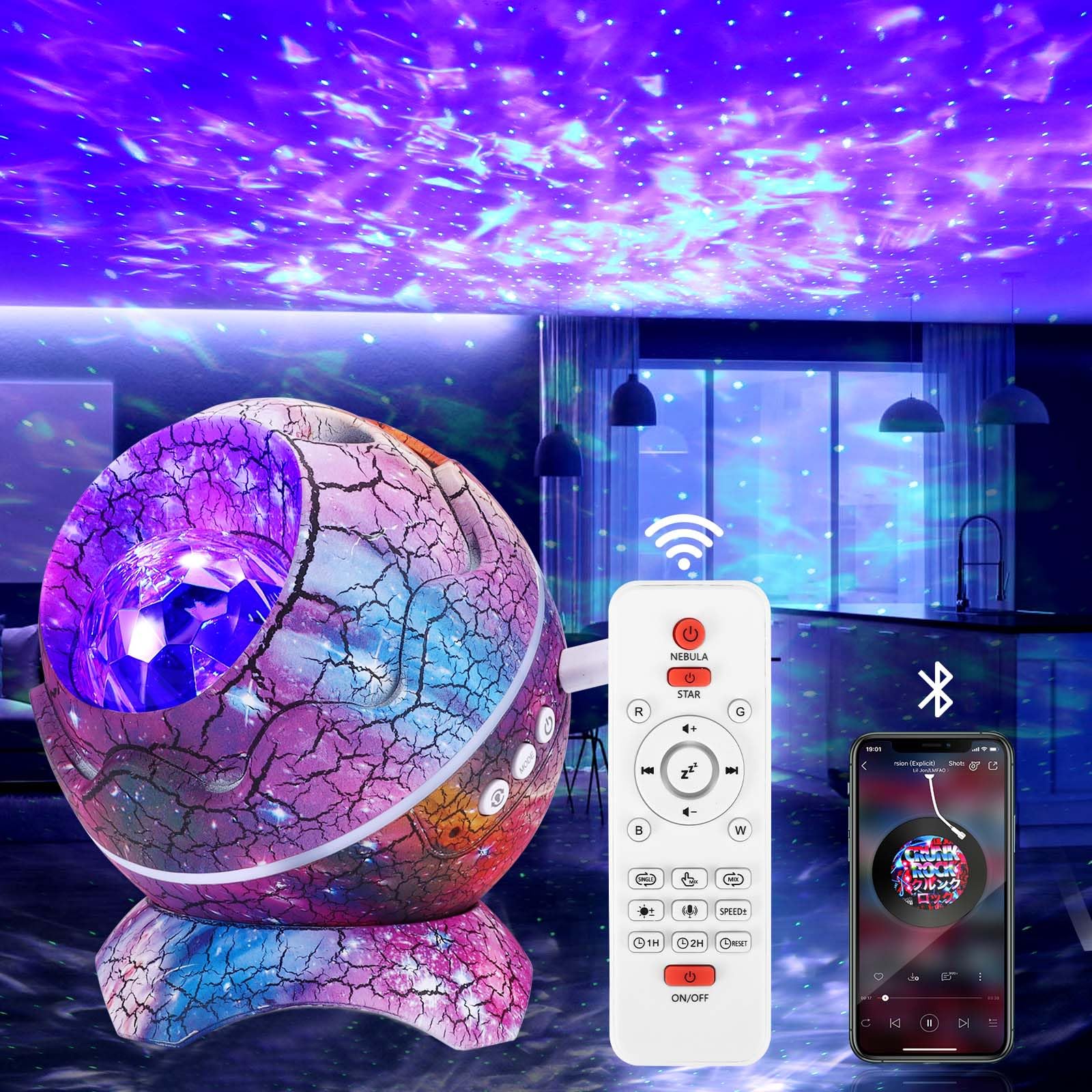 Star Projector, Rotatable Galaxy Night Light with Remote Control Bluetooth Speaker, Dinosaur Egg Christmas Gifts (Red) — image 1