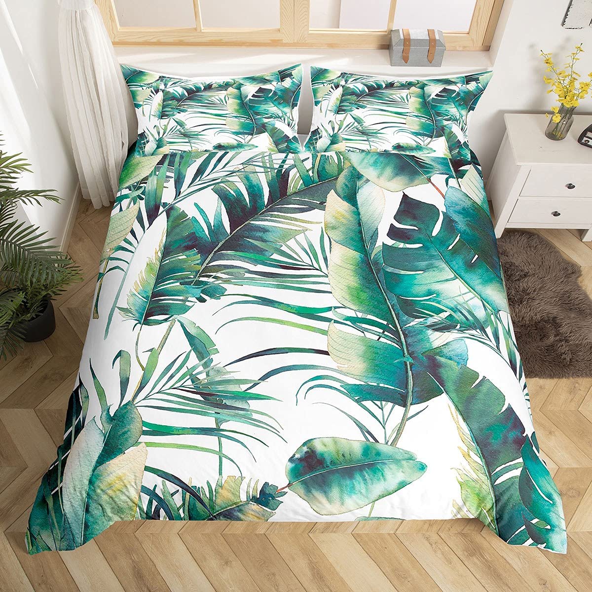 Loussiesd Palm Leaf Duvet Cover Set Double Size for Teens 3D Printed Leaves Bedding Set Botanical Theme Comforter Cover with 2 Pillowcases Soft Microfiber Zipper Tropical Hawaiian 3 Pcs