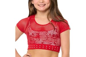 Malibu Sugar Girls Back to School Mesh Crop Top with Sparkling Rhinestones Short Sleeve Breathable Dance Shirt Age 7 to 14