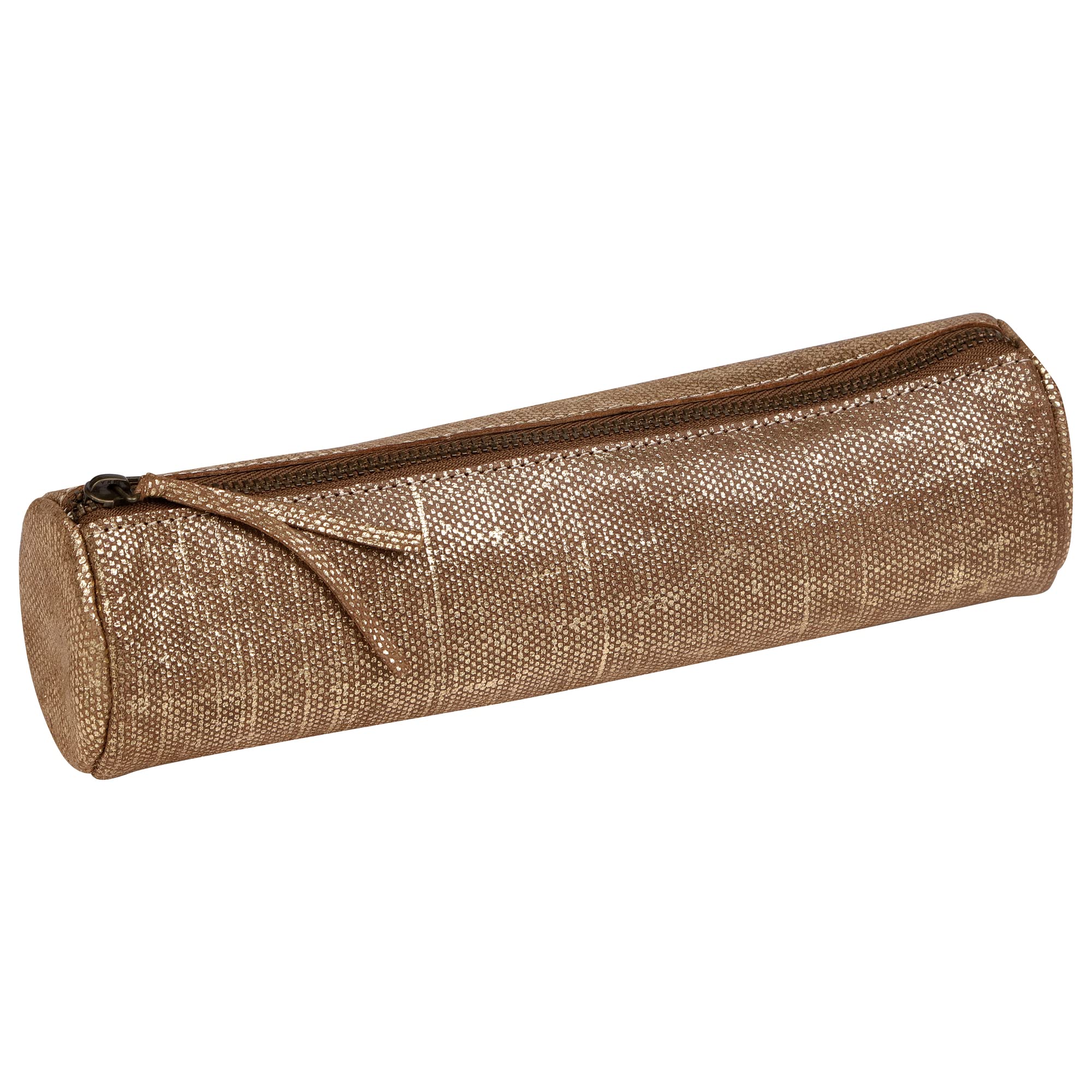 Clairefontaine - Ref 410034C - Kleo-Pathra' Leather Round Pencil Case - 22cm x 5.5cm, Made From Genuine Lambskin Leather, Metal Zip With Leather Puller - Gold