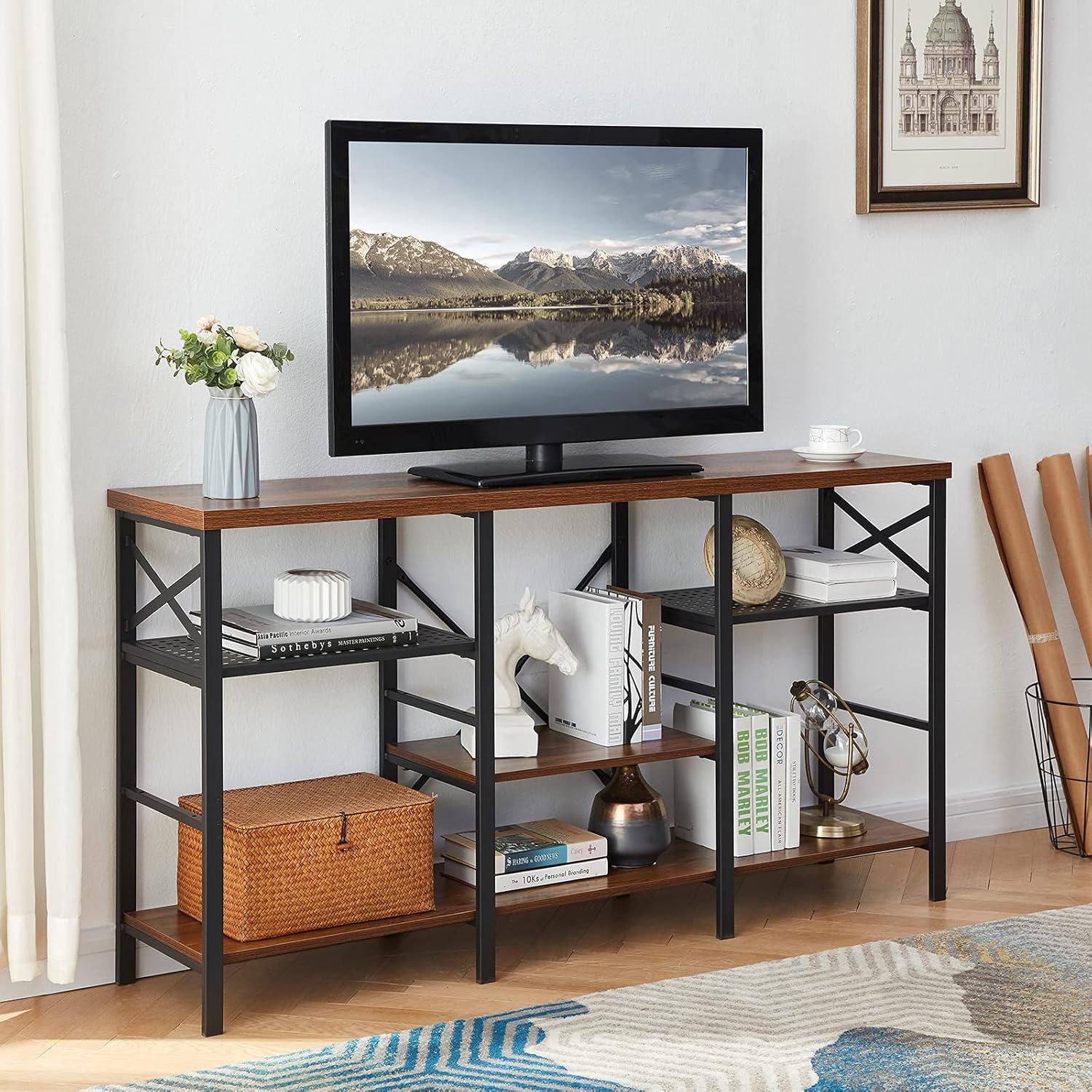 OIAHOMY 60 Inch Console Table Rustic Sofa Table, 3-Tier Adjustable Height Industrial Rustic Hallway/Entryway Table Narrow Long Entry Table Rustic TV Stand (Brown): Kitchen & Dining