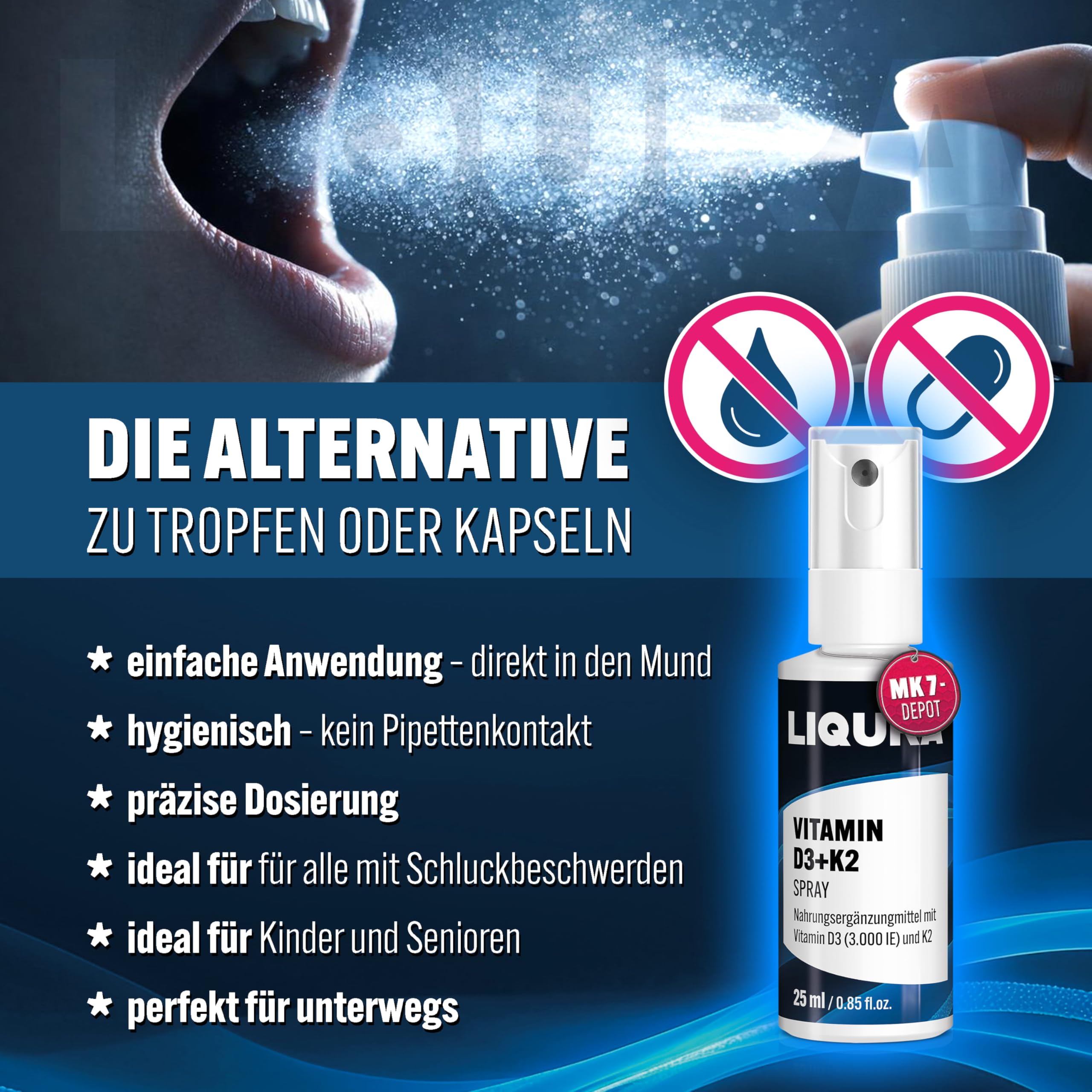 LIQURA Vitamin D3 K2 Spray mit MK7-Depot - hochdosiert (3000 IE) in 2 Sprühstößen - Einfache Dosierung und Alternative zu Vitamin D3 K2 Tropfen oder Kapseln. 125 Sprühstöße, 2 Monate, Vegan 25ml 3