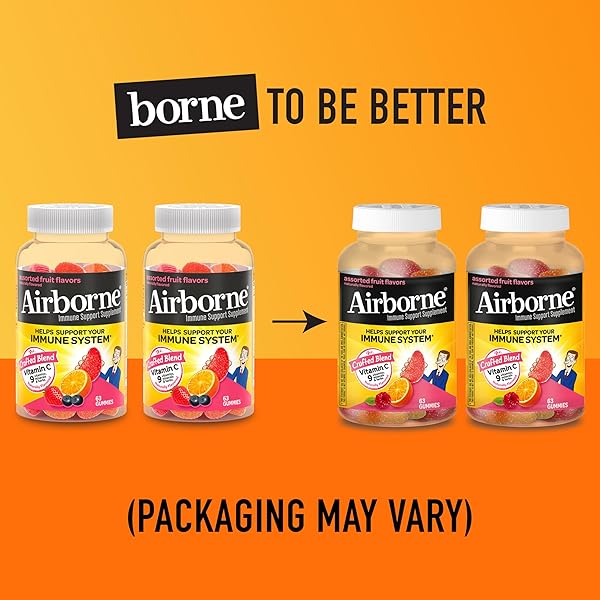 AIRBORNE 750MG VITAMIN C GUMMIES FOR ADULTS, IMMUNE SUPPORT GUMMIES WITH POWERFUL ANTIOXIDANTS VIT C & E, CAFFEINE FREE – 2X63CT BOTTLE (42 SERVINGS), ASSORTED FRUIT FLAVOR
