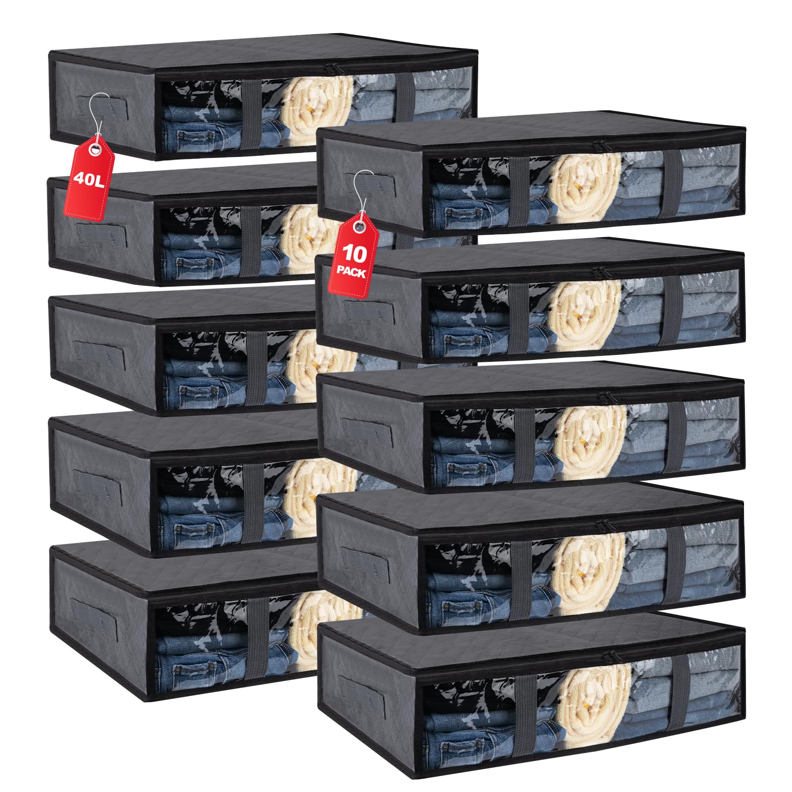 Photo 1 of 10 Pack Under Bed Storage Containers for Clothes Folding Storage Bins with Clear Window and Reinforced Handles Underbed Storage Containers for Organization and Storage Clothing Blankets