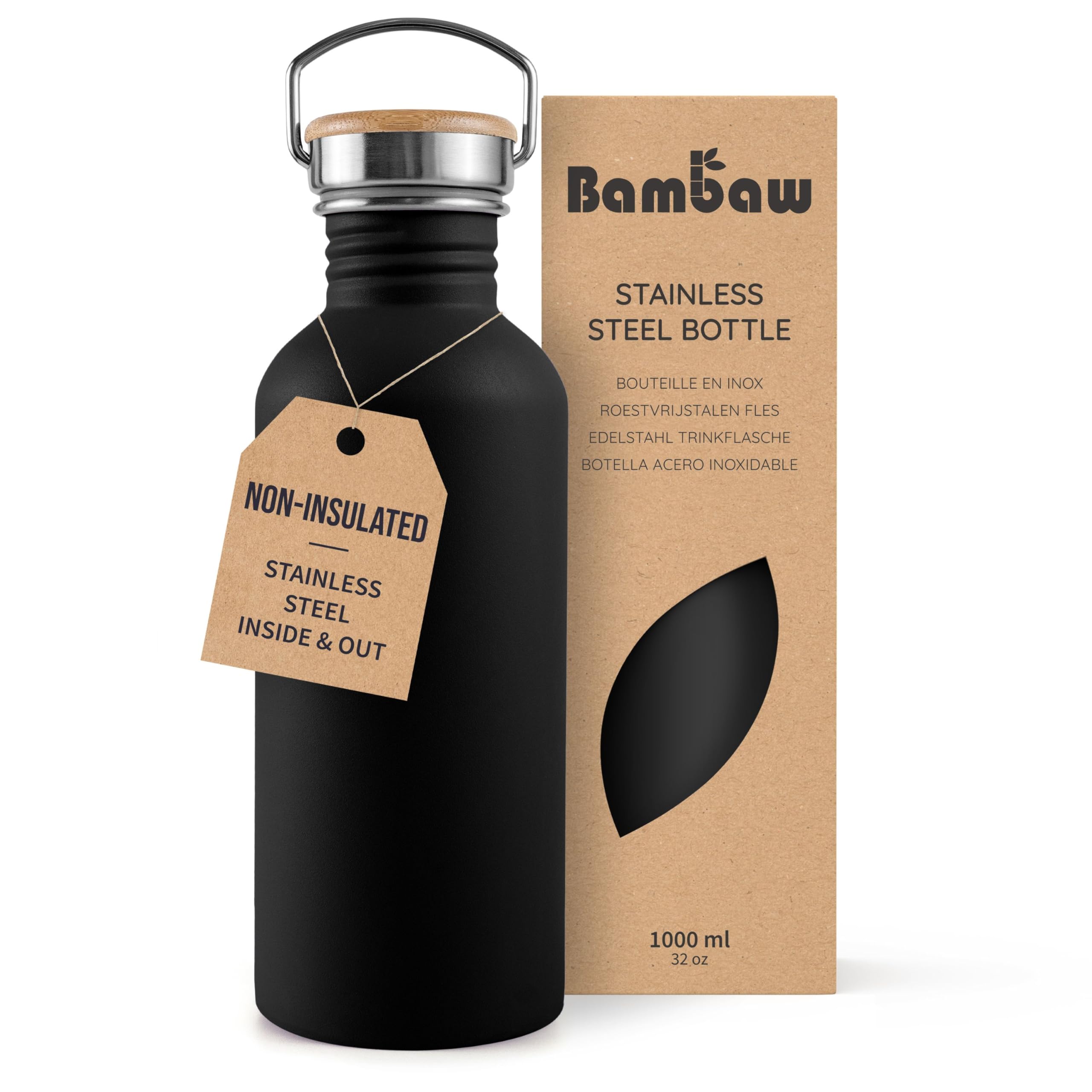 Bambaw 1L Stainless Steel Water Bottle, Jet Black, Leakproof, Easy to Clean, Reusable Water Bottle