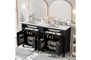 Harper & Bright Designs 60" Bathroom Vanity Set with Double Sink, Vanity Cabinet with Flip Drawer, 2 Doors, and Adjustable Shelf, Solid Wood Bathroom Cabinet with Ceramic Basin for Bathroom, Black