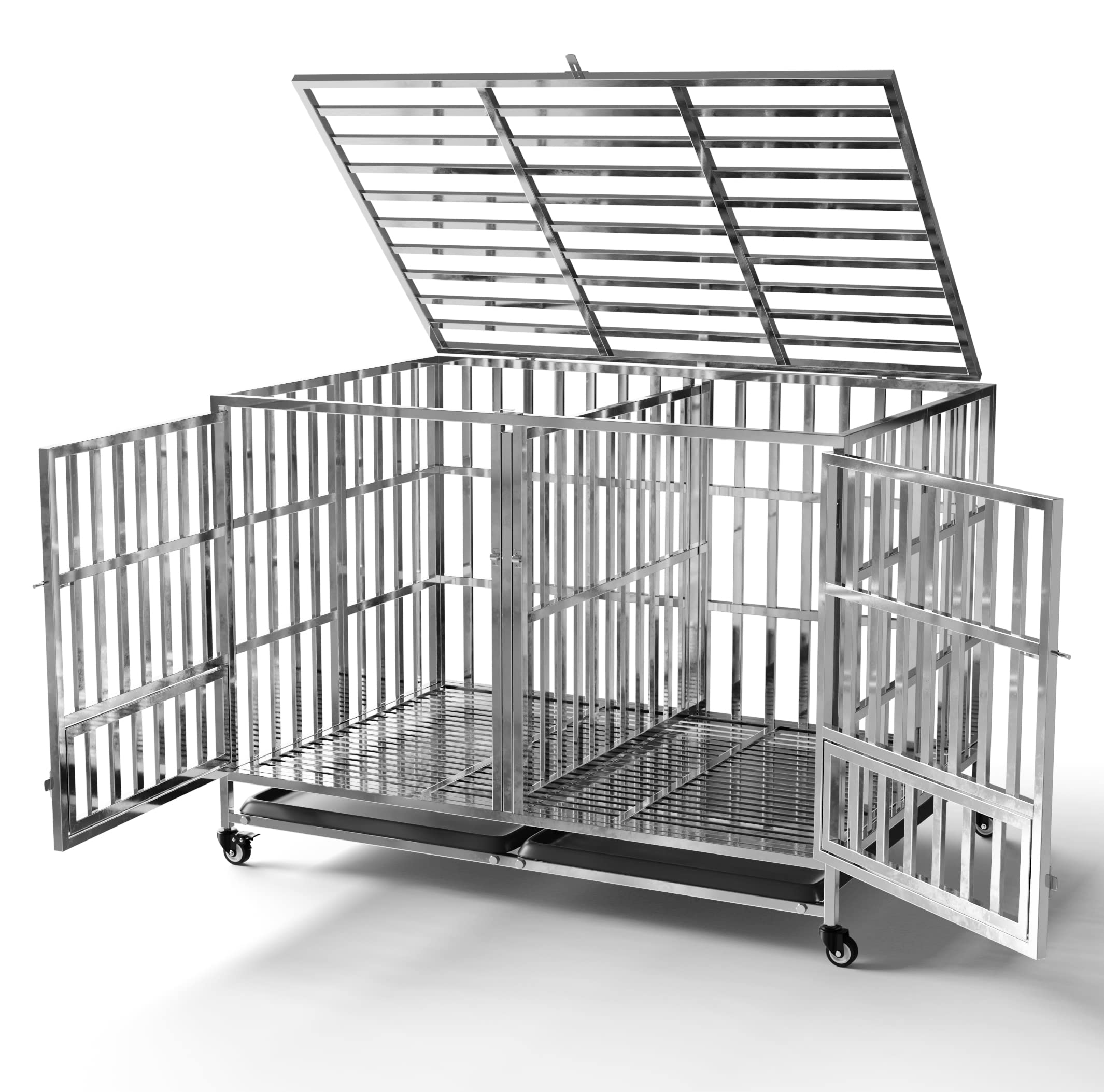 Photo 1 of FoQualy Collapsible Stainless Steel Dog Crate, 30" 37" 42" 48" Sizes, Lockable Wheel, with Tray, Stackable, Heavy Duty, Divider, Indoor and Outdoor (48insm)