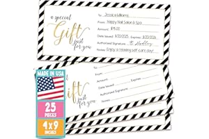 Hadley Designs 25 Blank Gift Certificates for Business – 4x9 Christmas Gift Certificates Cards for Small Business, Spa, Massage, Nail & Hair Salon, Restaurant, Holidays Coupon Vouchers Made in USA