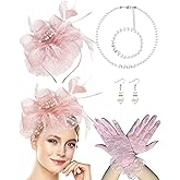 Bniksok 1920s Vintage Fascinators Hat Set for Women Tea Party Hats Veil Mesh Feather Headband Lace Gloves Set