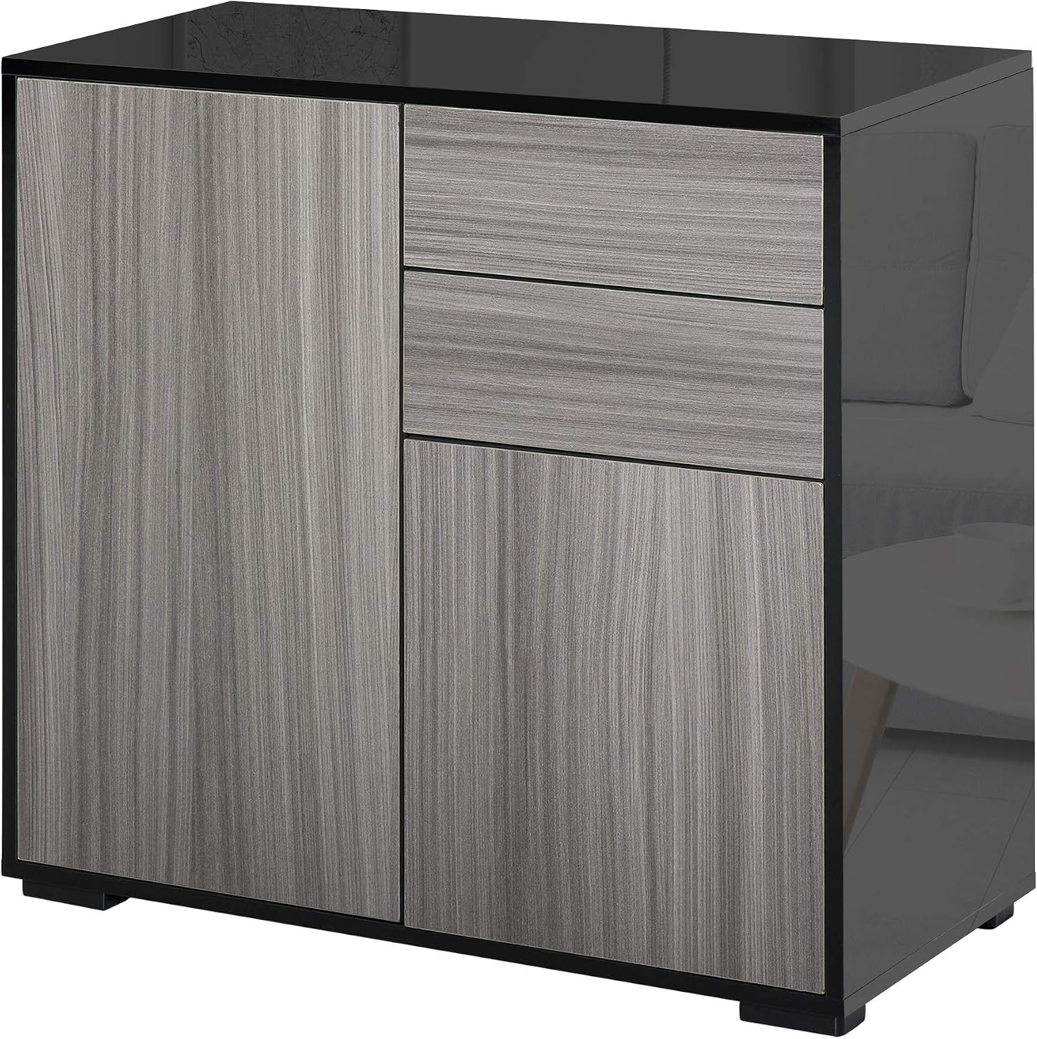 HOMCOM High Gloss Frame Sideboard, Side Cabinet, Push-Open Design with 2 Doors for Living Room Bedroom, Light Grey and Black