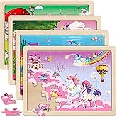 SYNARRY Large Unicorn Mermaid Princess Fairy Wooden Kids Puzzles 4 in 1 Gift Box(12.2 * 9.4 in) - FSC Certified, Wood Puzzles for Kids Ages 4-6, Toys Gifts for 3 4 5 Year Old Toddlers Girls