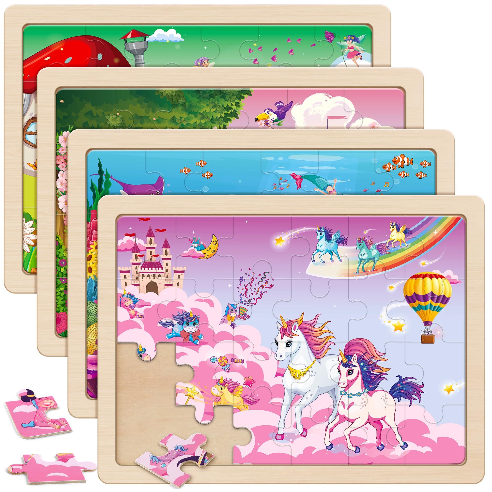 SYNARRY Unicorn Mermaid Princess Fairy Wooden Jigsaw Puzzles for Kids 3 4 5 Year Olds - 4 Packs 24 Piece Children’s Jigsaw Puzzles Age 3 4 5 6 Girls Boys