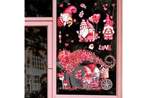 Yovkky Valentine's Day Gnome Window Clings 9 Sheets, Pink Heart Tree Couple Bicycle Balloon Stickers Decal Decor, Buffalo Plaid Check Wedding Anniversary Romantic Home Kitchen Decorations
