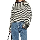 IWD Womens Striped Long Sleeve Shirts Y2k Oversized Drop Shoulder Sweatshirt Crewneck Color Block Pullover Tops