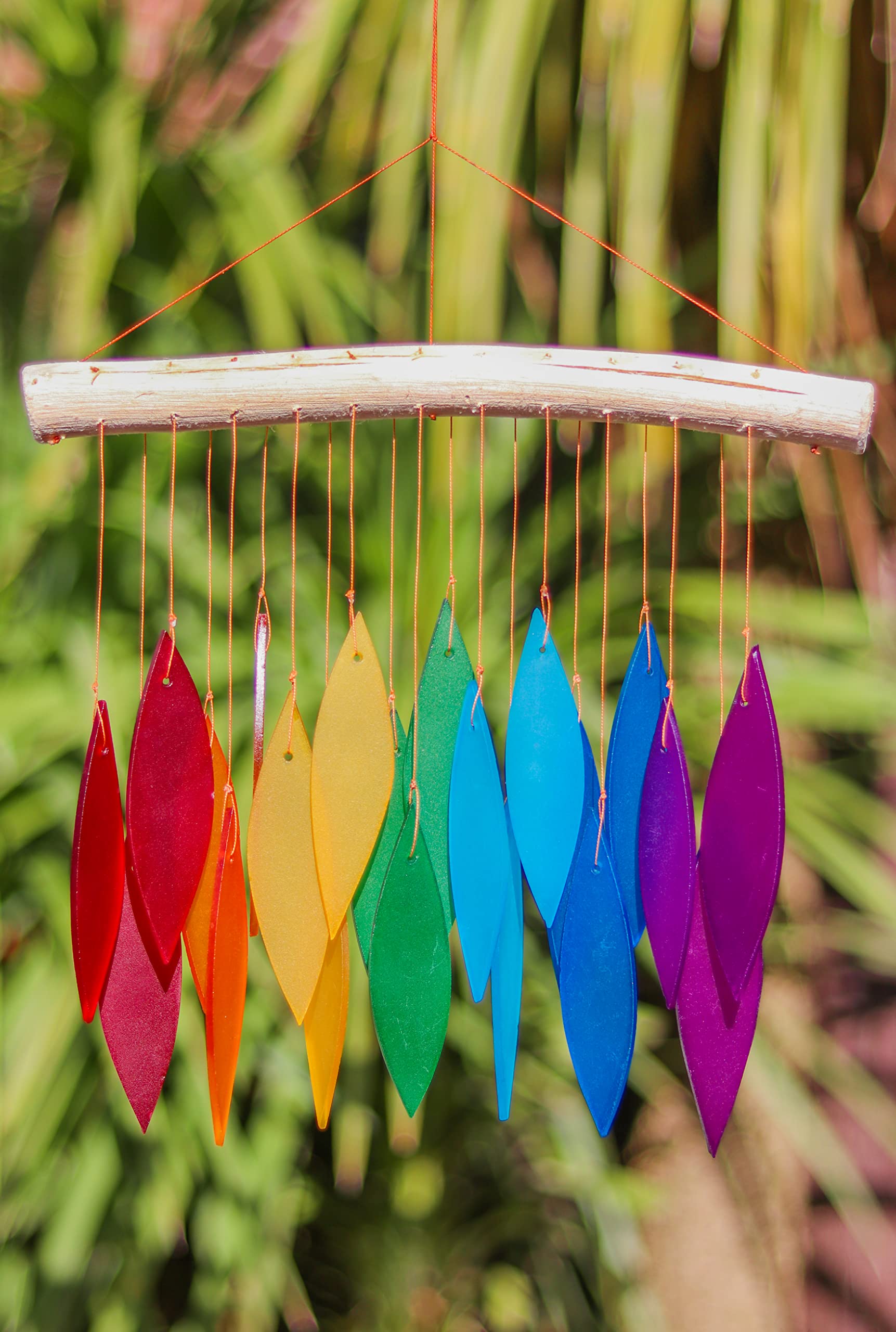 My Family House Glass Wind Chime - Straight Leaves in Rainbow - 100% Fair Trade - Handmade from Recycled Materials