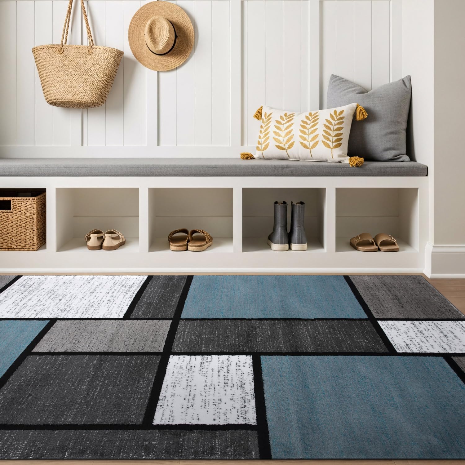 Rugshop Modern Geometric Boxes Blue Area Rug, Non-Shedding Carpet for Bedroom, Office, or Small Living Room, 4′ x 6′