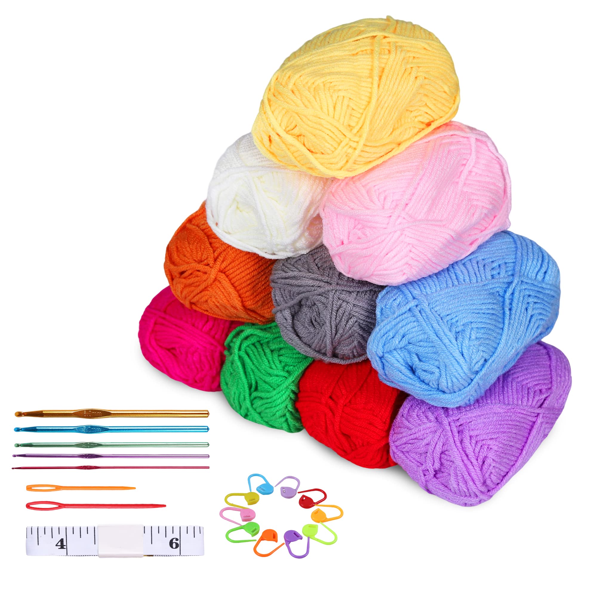 HCSSZ Crochet Yarns,10x25g 4-Strand Wool Balls with Colorful Crochet Hooks,Stitch Markers,Tape Measure,Big Eye Needles,Suit for Beginners Adults Kids to Knit Doll,Blanket,Handbag,Pet Clothes,Coaster