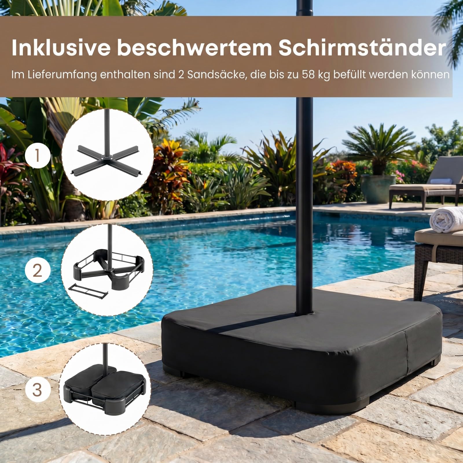 COSTWAY Doppelsonnenschirm mit Ständer und LED-Solar-Beleuchtung, 450 x 260 cm, Sonnenschirm Groß XXL, UPF 50+, Gartenschirm mit Kurbel, Terrassenschirm, Marktschirm für Garten, Terrasse (Rot) 4