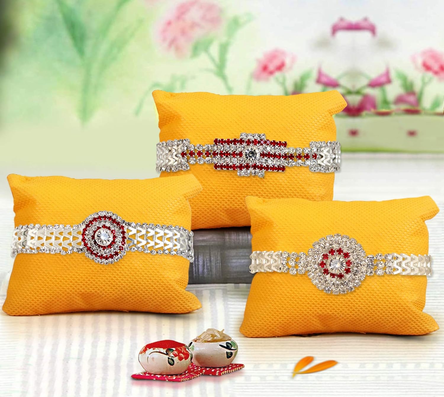 tied ribbons set of 3 rakhi with roli chawal pack for brother(men)