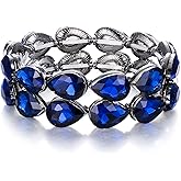 BriLove Wedding Bridal Elegant Crystal Double Row Teardrop Cluster Stretch Bangle Bracelet for Bride