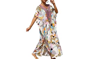 Yanziliu Women's V-Neck Batwing Sleeve Kaftan Dress Lightweight Beach Swimwear Cover Up for Mumu Tropical Vacation