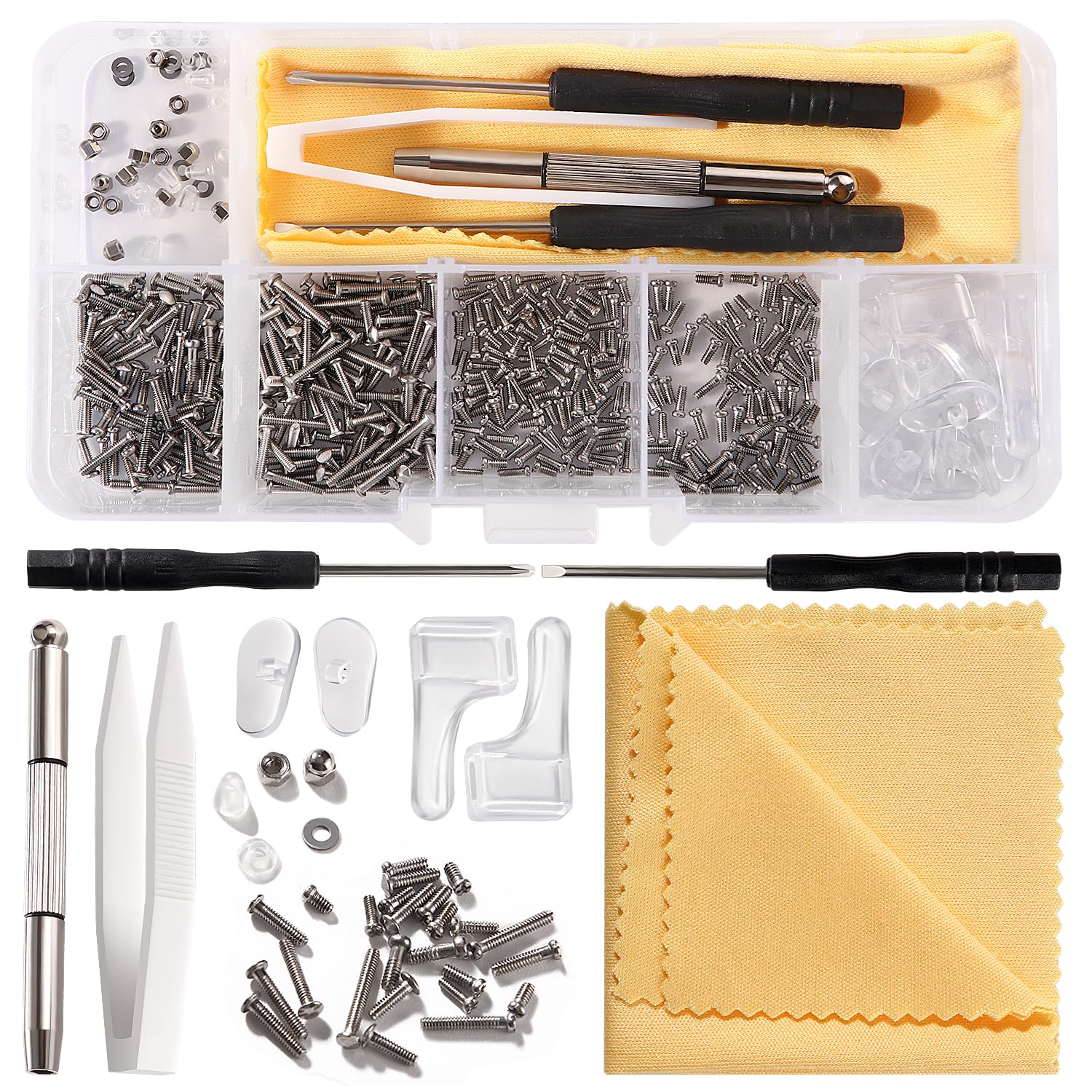 YIXISI 500 PCS Eyeglass Sunglass Glasses Repair Tool Kit, Spectacles Repair Screws Set, Eyeglass Repair Kit, with Screwdrivers, Silicone Nose Pads, Tweezer, Glasses Cloth, Silver