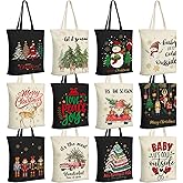 Sunnymove 12 Pcs Christmas Canvas Tote Bags with Pockets Funny Plaid Xmas Tree Truck Snowman Pattern Reusable Grocery Shopping Shoulder Bag Xmas Gift for Holiday Gift Wrapping Grocery Party Supplies