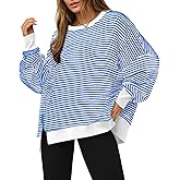 Fisoew Women's Fall Oversized Sweatshirt Casual Waffle Knit Long Sleeve Crewneck Split Pullover Tunic Tops