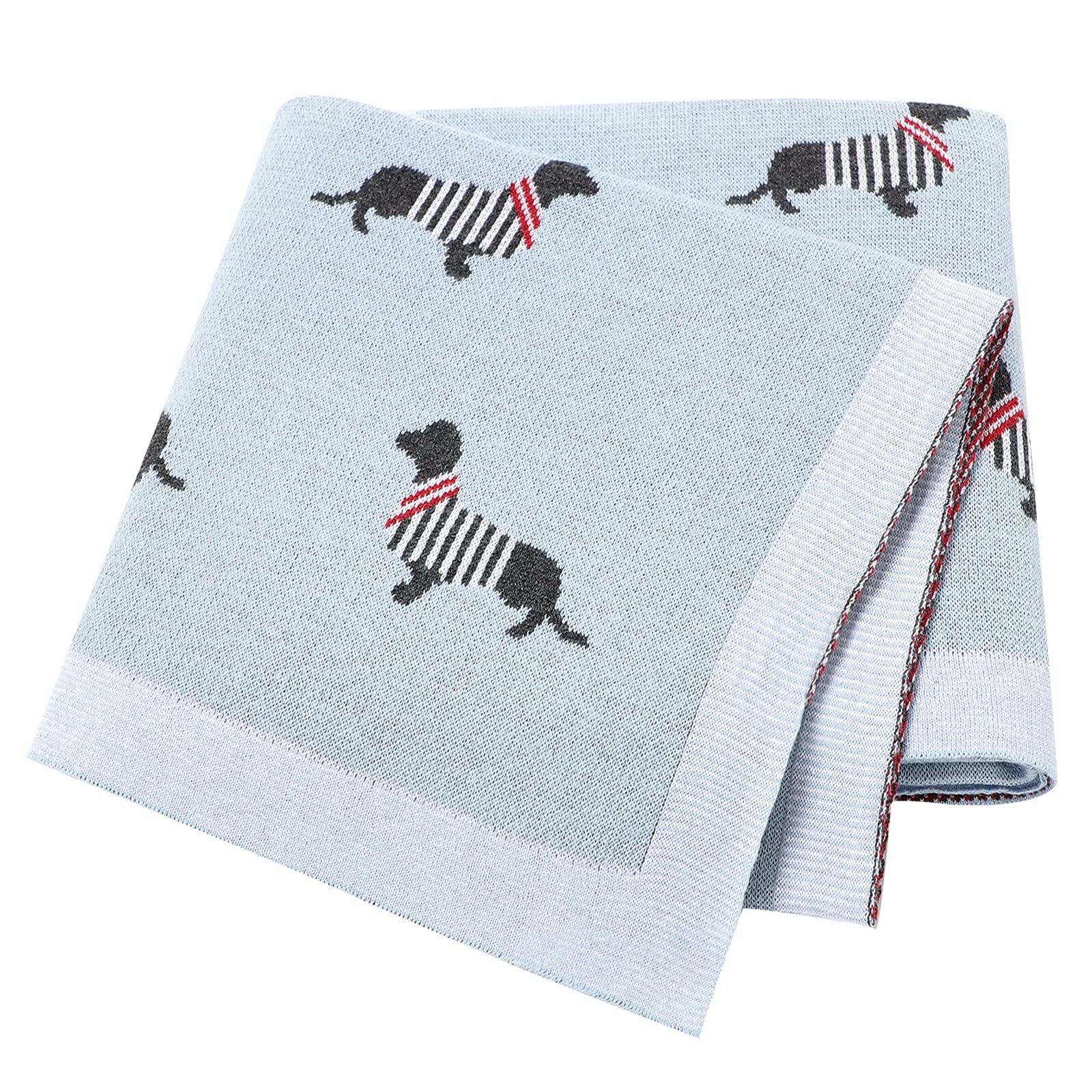 LAWKUL Baby Blanket Knitted 100% Cotton Soft Blankets for Newborn Boy Girls Sausage Dog Dachshund 100x80cm Light Blue
