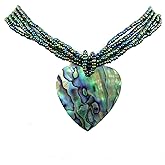 Swimmi Natural Abalone Necklace, Hand Carved Heart Shape Abalone Shell Necklace, Handmade Seed Beads Seashell Necklace Jewelry GA335