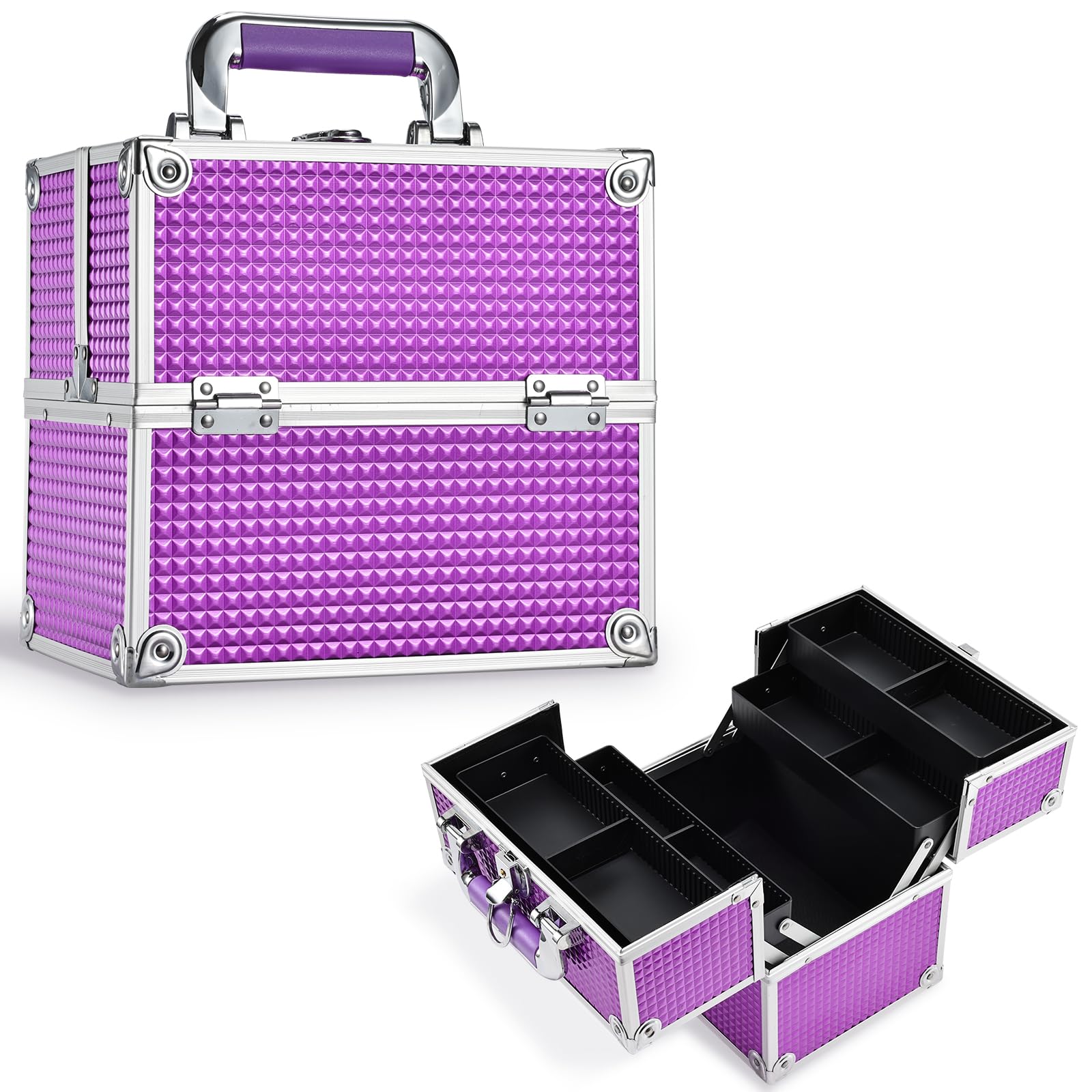 Frenessa Vanity Box Cosmetics Case Makeup Organiser Box Beauty Cosmetic Make Up Storage Case 4 Trays Lockable with Keys, Purple