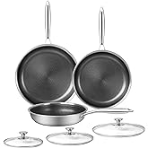 Innerwell 6 Piece Stainless Steel Frying Pan Set with Lids Cookware Set Nonstick Honeycomb Frying Pan Set 3pcs W/Stay Cool Handle Skillet Works Pan for Cooking with Induction Gas Stovetops