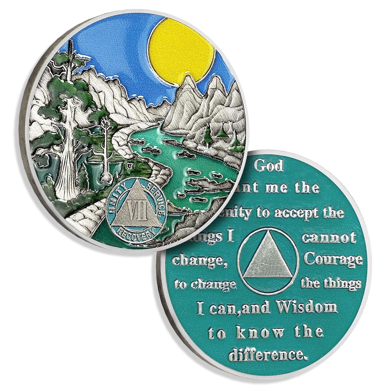 7 Years Sobriety Coin Sun Chips Alcoholics Anonymous Medallion AA Chips and Medallion Sobriety Gifts for Men Women Recovery Gift Anniversary Token Forest River Tree Coin