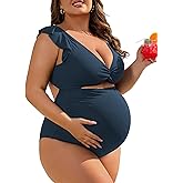 Charmo Ruffle Ribbed Maternity Swimsuit One Piece High Waisted Pregnancy Bathing Suits Push Up Swimwear